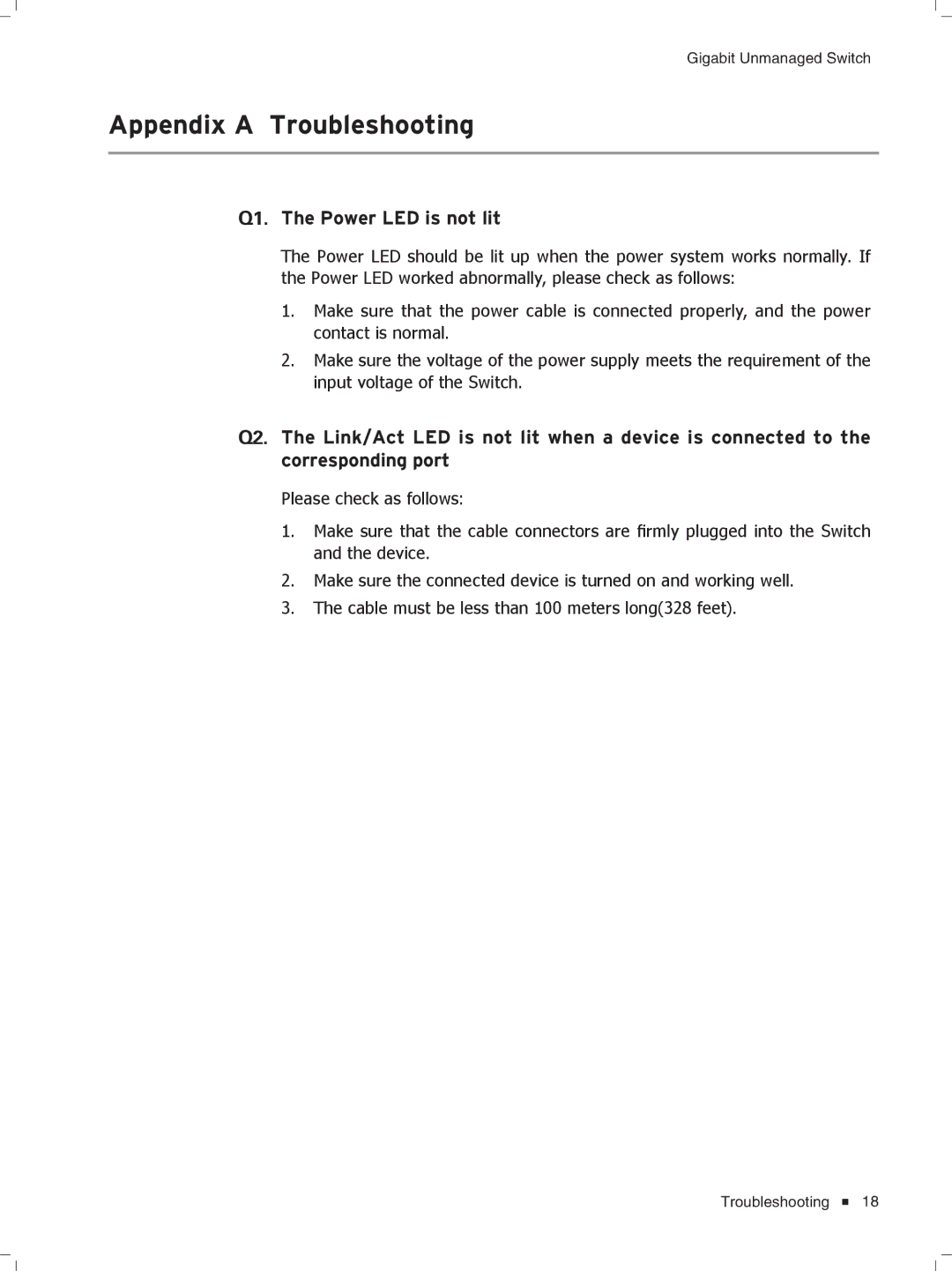 TP-Link tl-sg1048, TL-SG1016D, TL-SG1008, TL-SG1024D manual Appendix a Troubleshooting, Qqqq The Power LED is not lit 