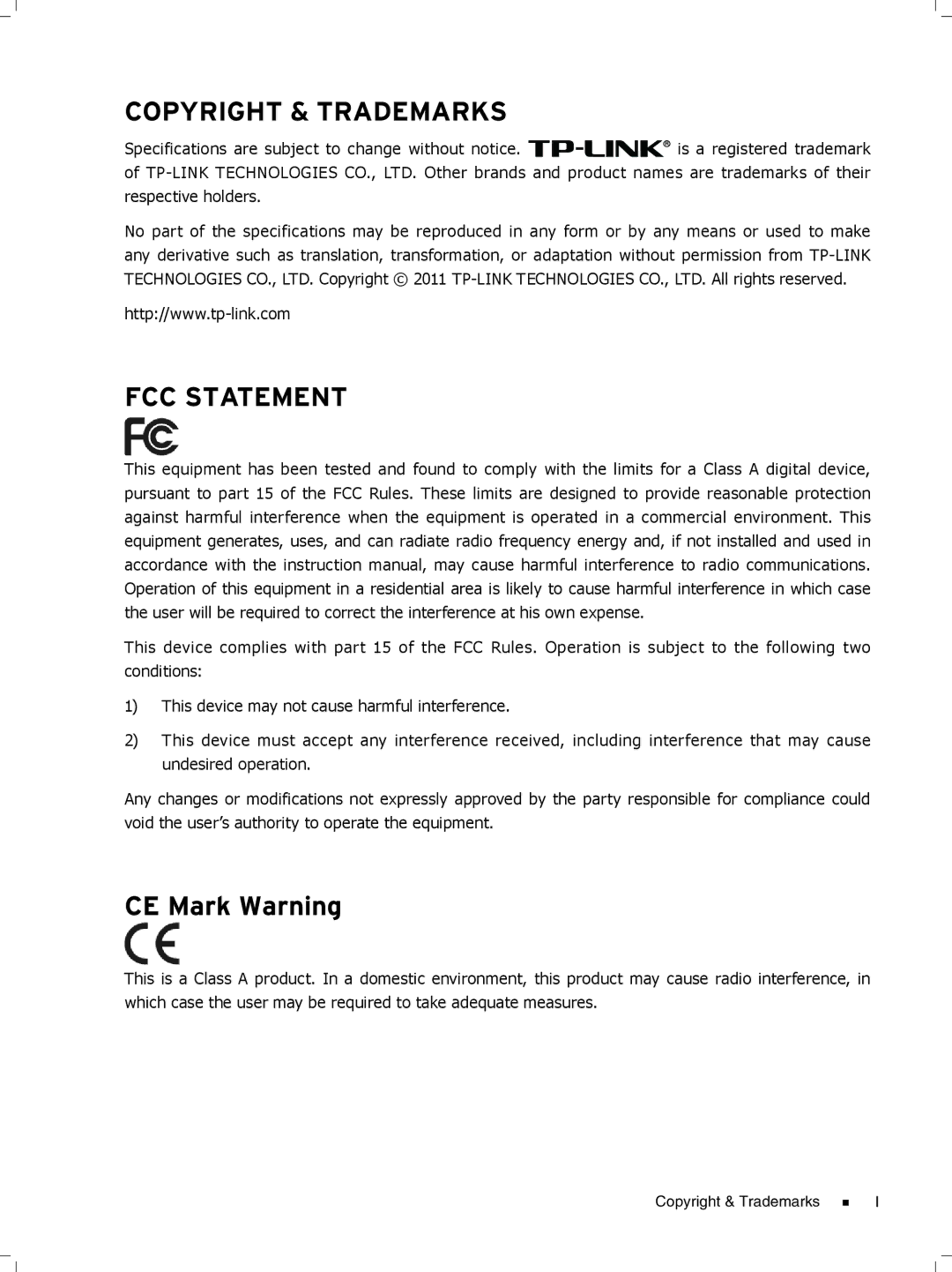 TP-Link TL-SG1008, tl-sg1048, TL-SG1016D, TL-SG1024D manual Copyright & Trademarks FCC Statement, CE Mark Warning 