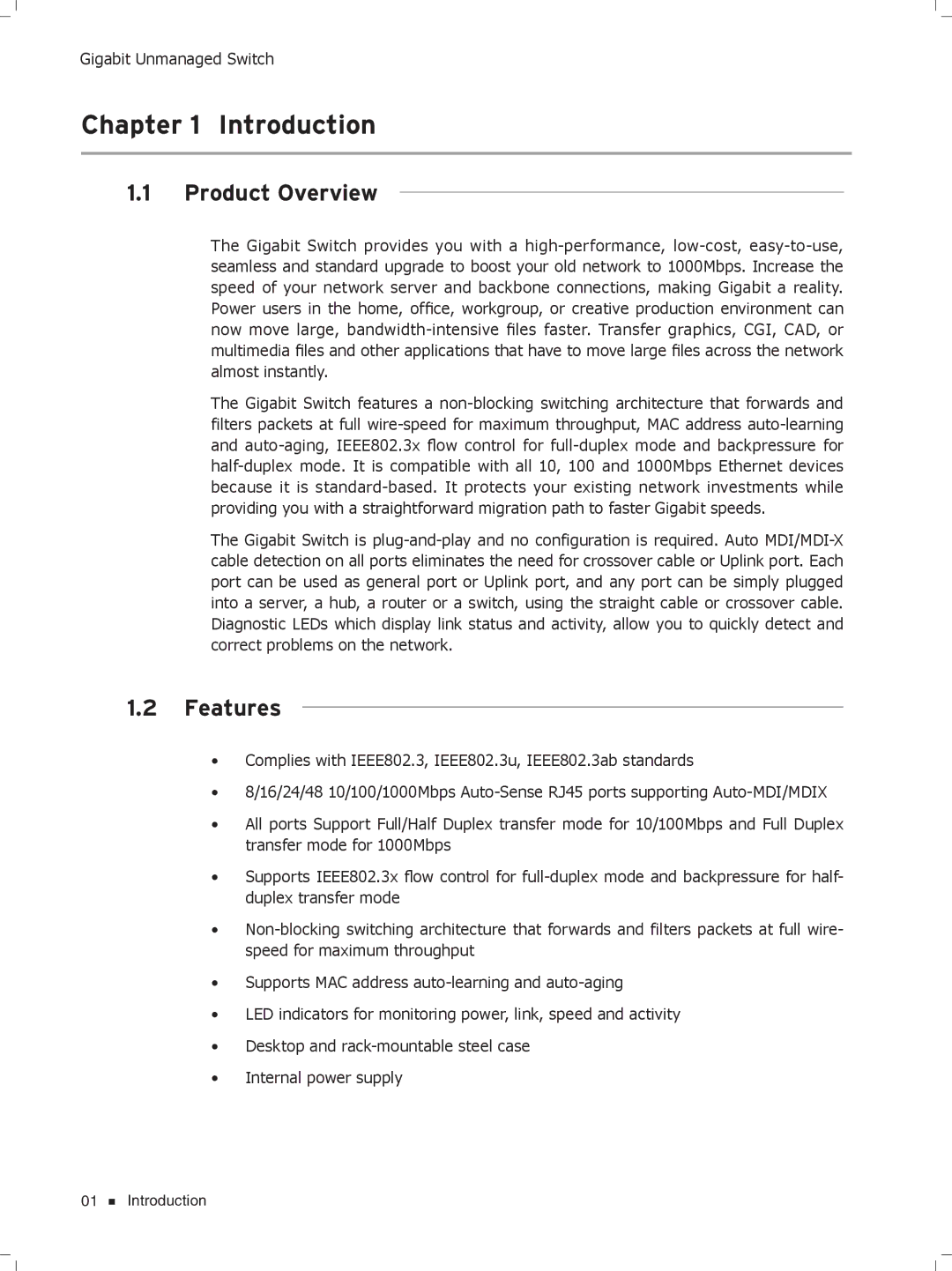 TP-Link tl-sg1048, TL-SG1016D, TL-SG1008, TL-SG1024D manual Cccccccccc Introduction, Product Overview, Features 