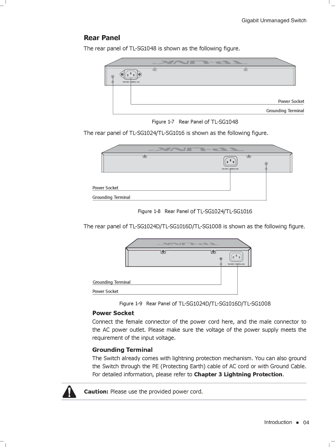 TP-Link TL-SG1008, tl-sg1048, TL-SG1016D, TL-SG1024D manual Rear Panel, Power Socket 