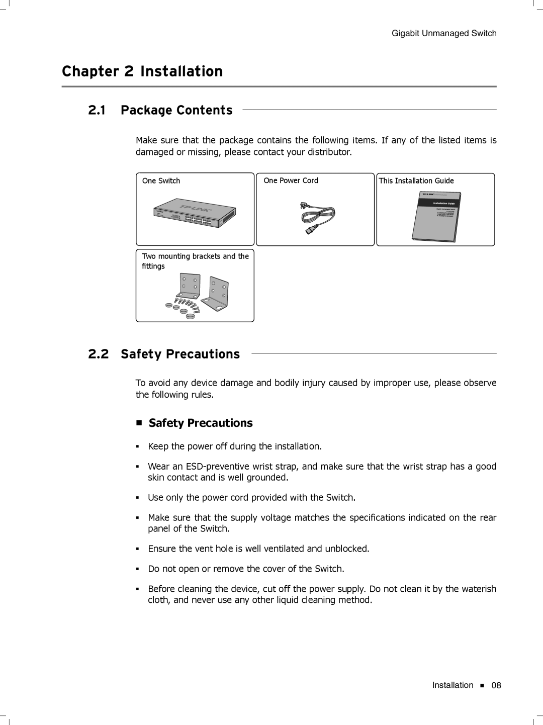 TP-Link tl-sg1048 manual CCCCCCCCCCInstallation, Package Contents, Safety Precautions 