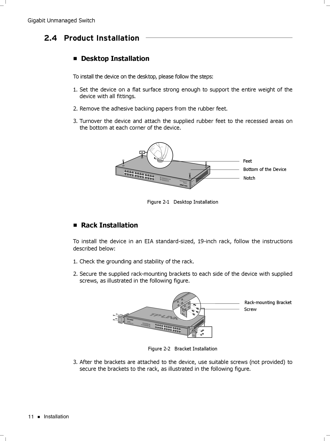 TP-Link tl-sg1048 manual Product Installation, Desktop Installation, Rack Installation 