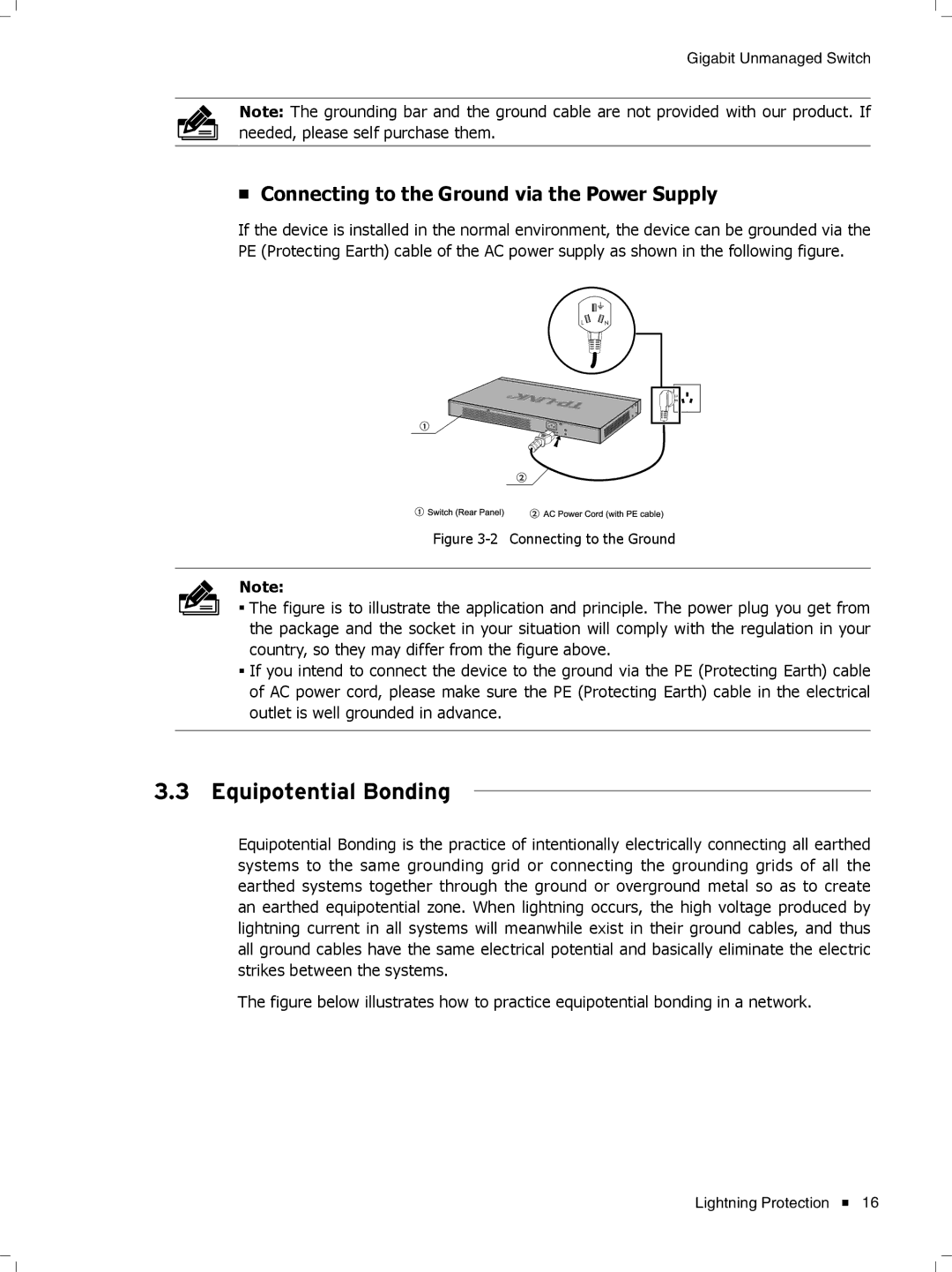 TP-Link tl-sg1048 manual Equipotential Bonding, Connecting to the Ground via the Power Supply 