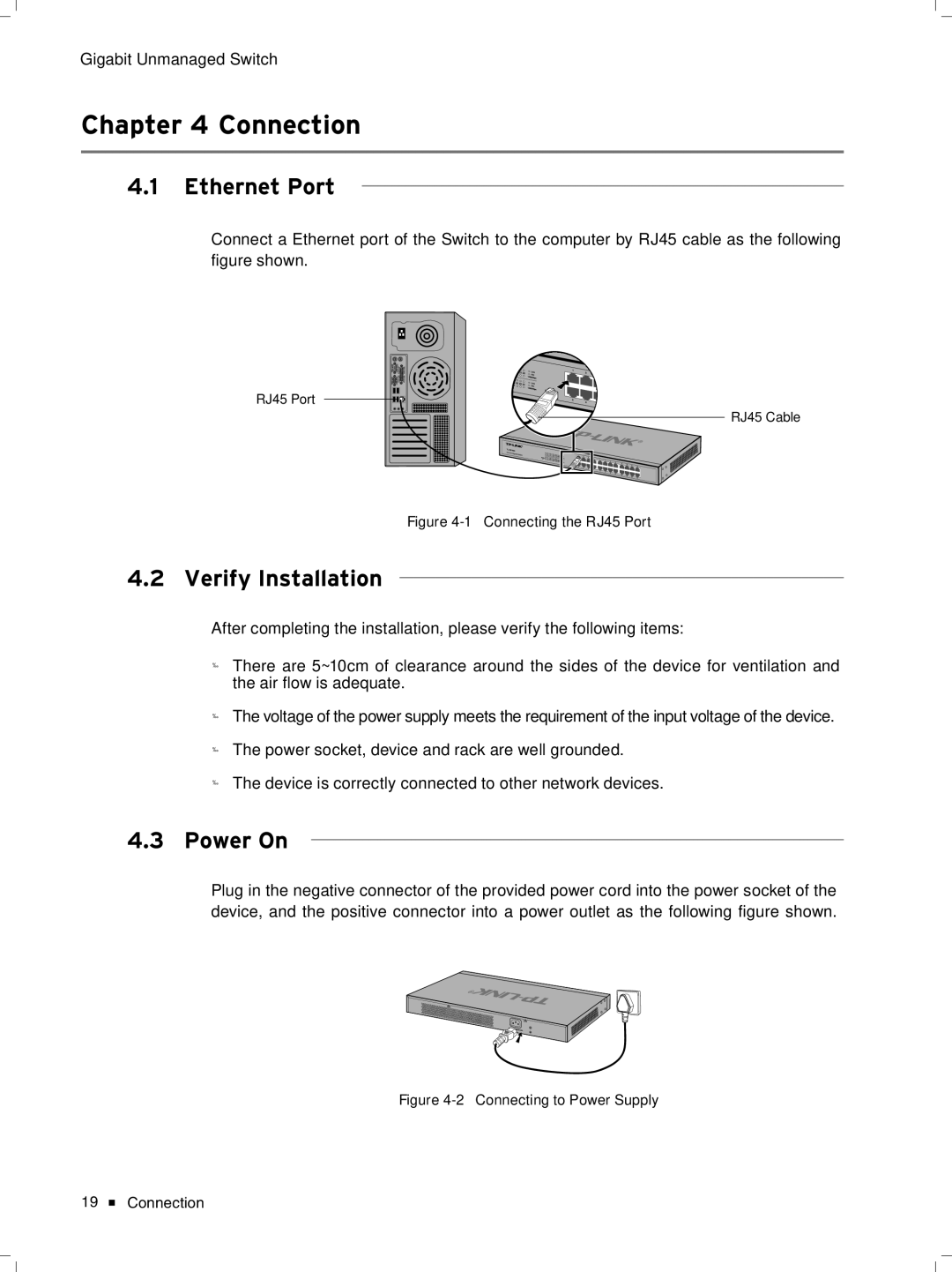 TP-Link tl-sg1048 manual CCCCCCCCCCConnection, Ethernet Port, Verify Installation, Power On 