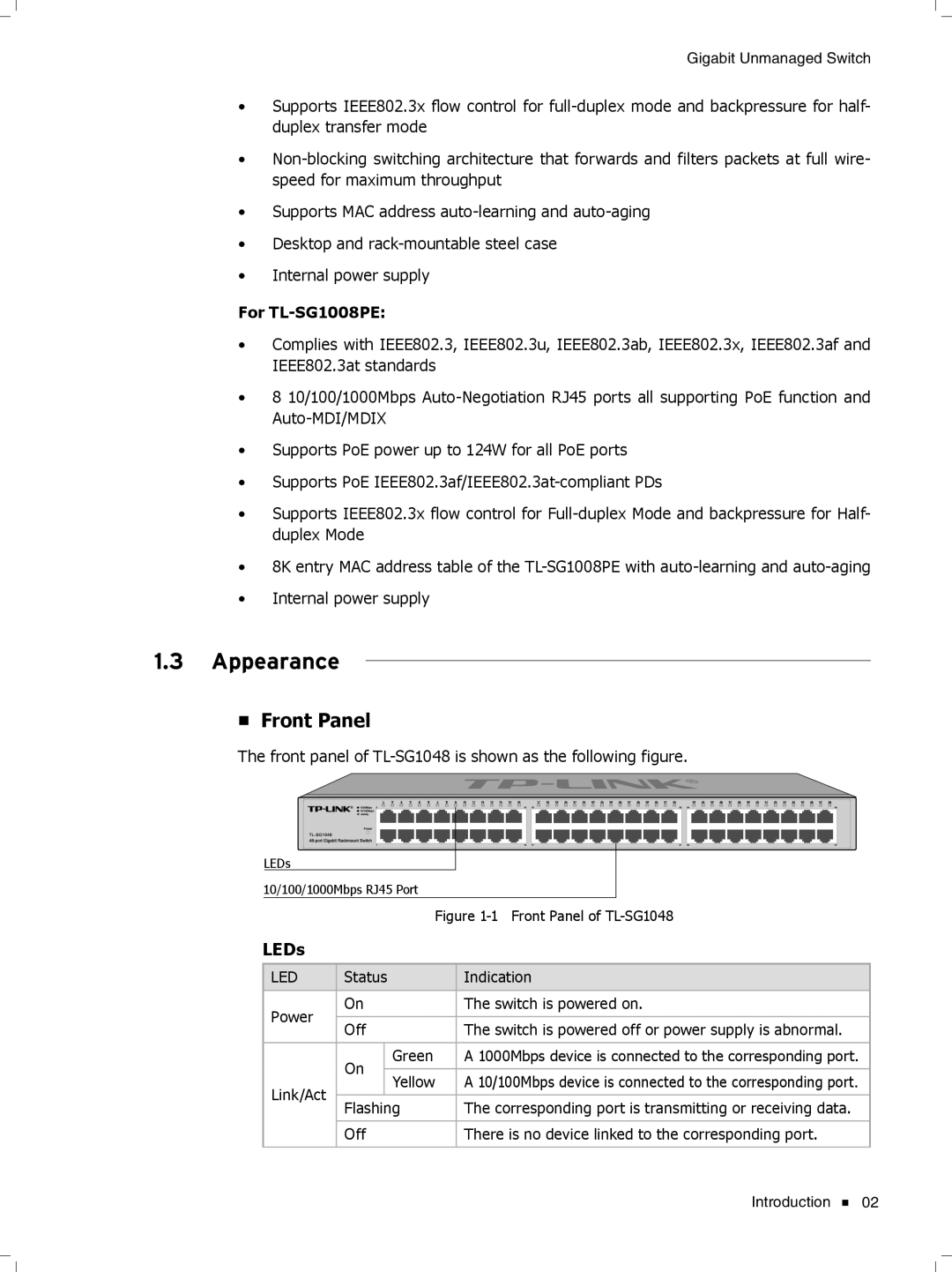 TP-Link tl-sg1048 manual Appearance, Front Panel, LEDs 