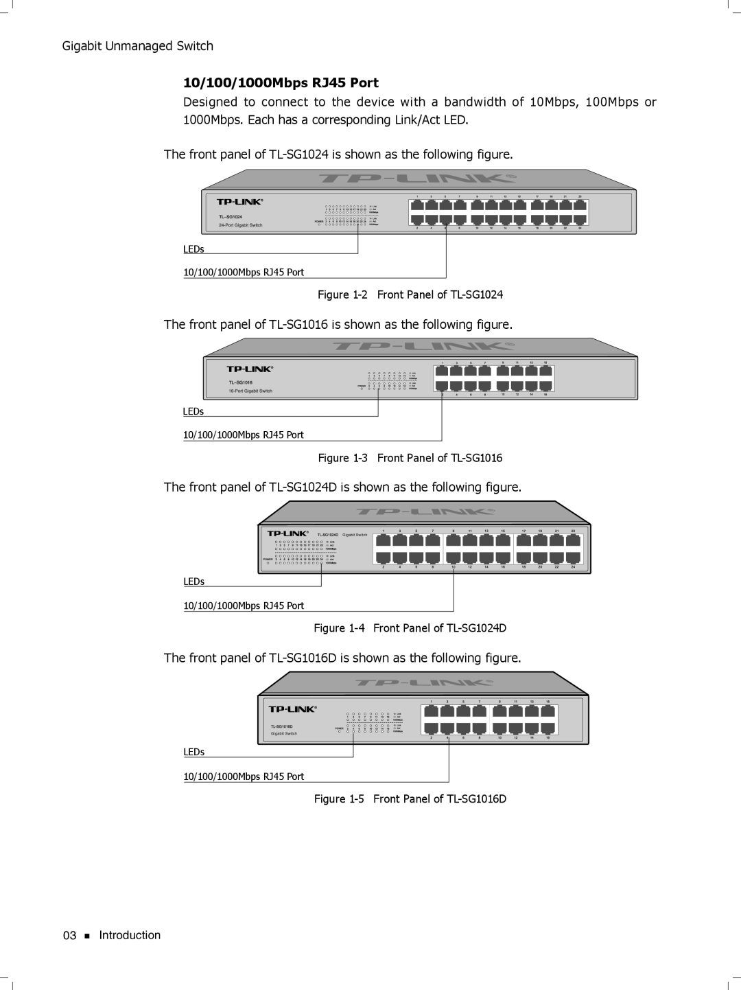 TP-Link tl-sg1048 manual 10/100/1000Mbps RJ45 Port, Front panel of TL-SG1016D is shown as the following figure 