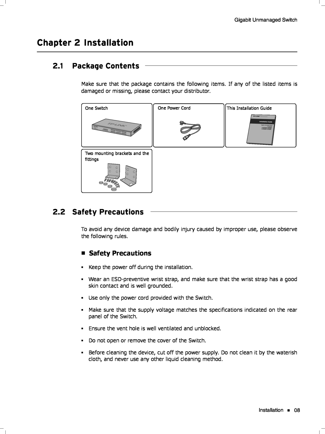 TP-Link tl-sg1048 manual CCCCCCCCCCInstallation, Package Contents, Safety Precautions 