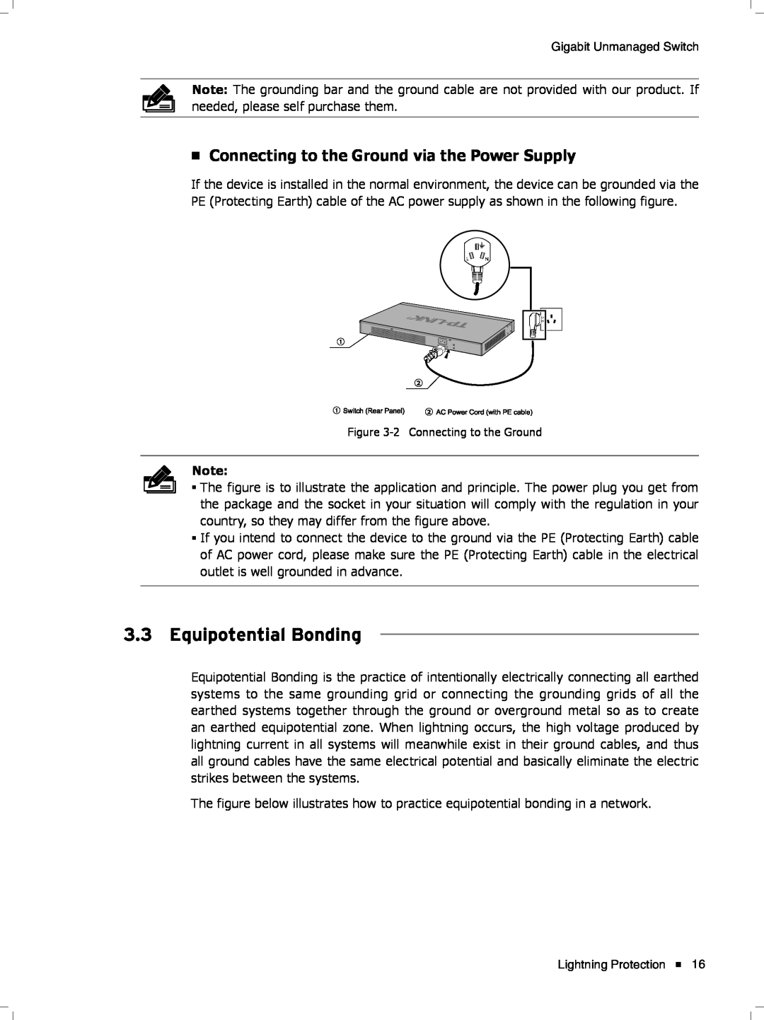 TP-Link tl-sg1048 manual Equipotential Bonding, Connecting to the Ground via the Power Supply 