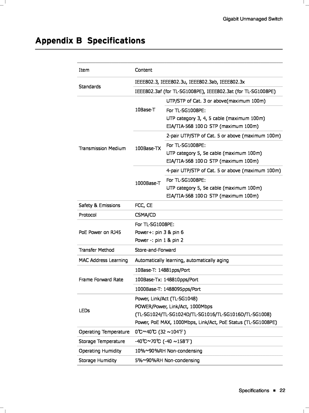 TP-Link tl-sg1048 manual Appendix B Specifications 