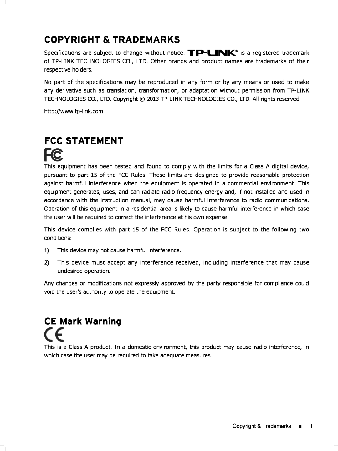 TP-Link tl-sg1048 manual Copyright & Trademarks, Fcc Statement, CE Mark Warning 