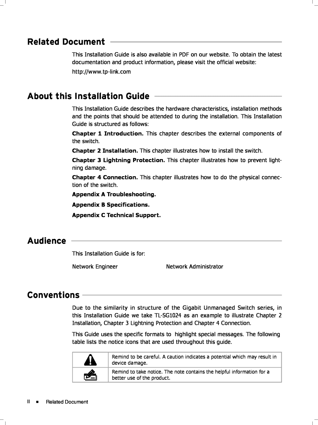 TP-Link tl-sg1048 Related Document, About this Installation Guide, Audience, Conventions, Appendix C Technical Support 