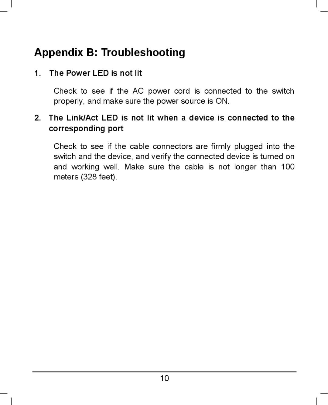 TP-Link TL-SG108, TL-SG105 manual Appendix B Troubleshooting, Power LED is not lit 