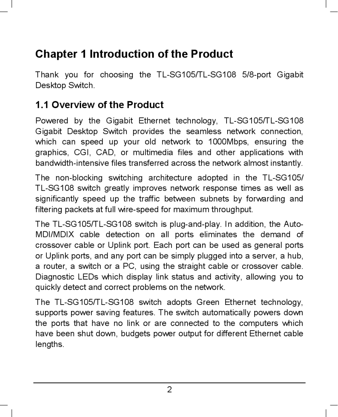 TP-Link TL-SG108, TL-SG105 manual Introduction of the Product, Overview of the Product 