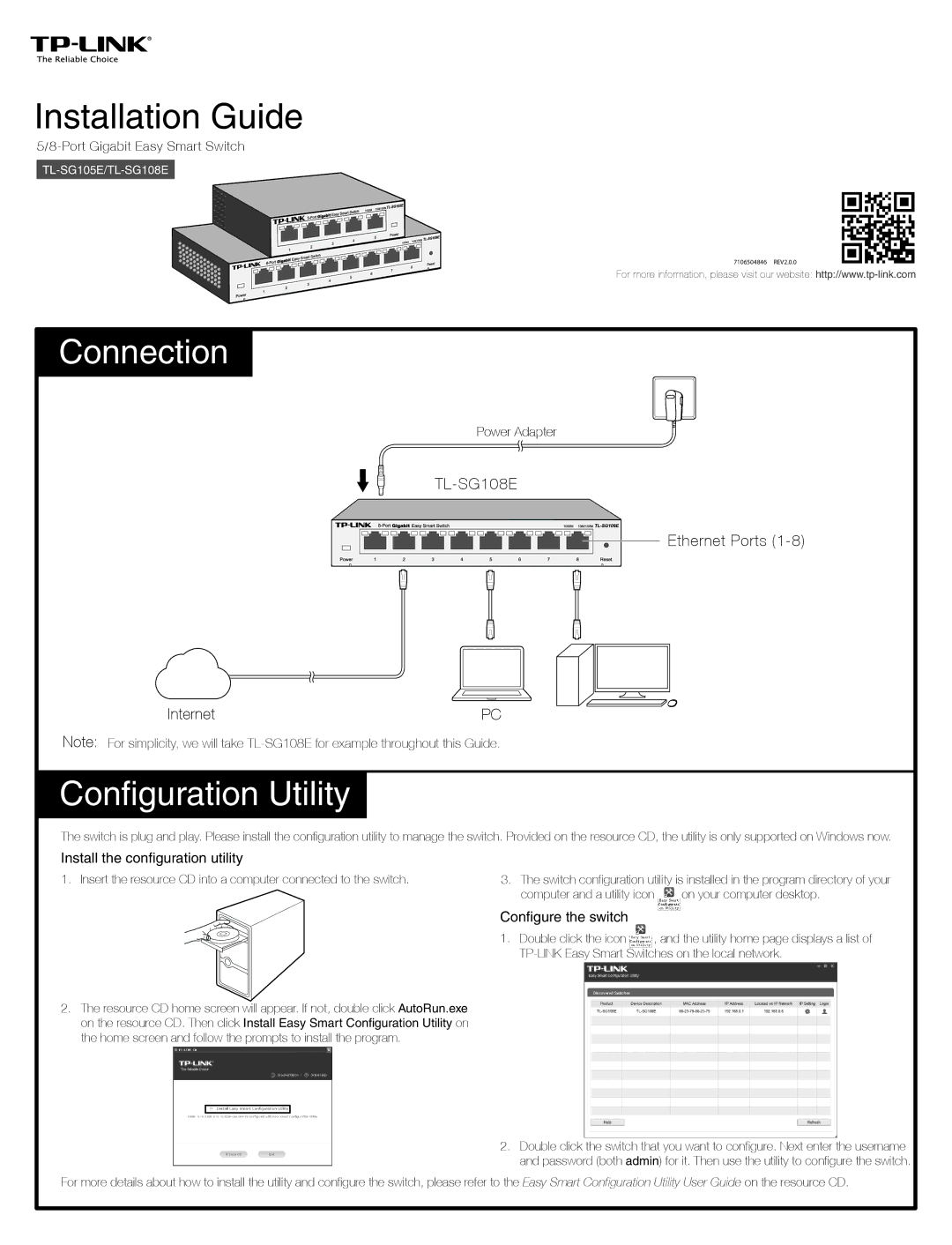 TP-Link TL-SG105E/TL-SG108E manual Connection, Configuration Utility, Install the configuration utility 