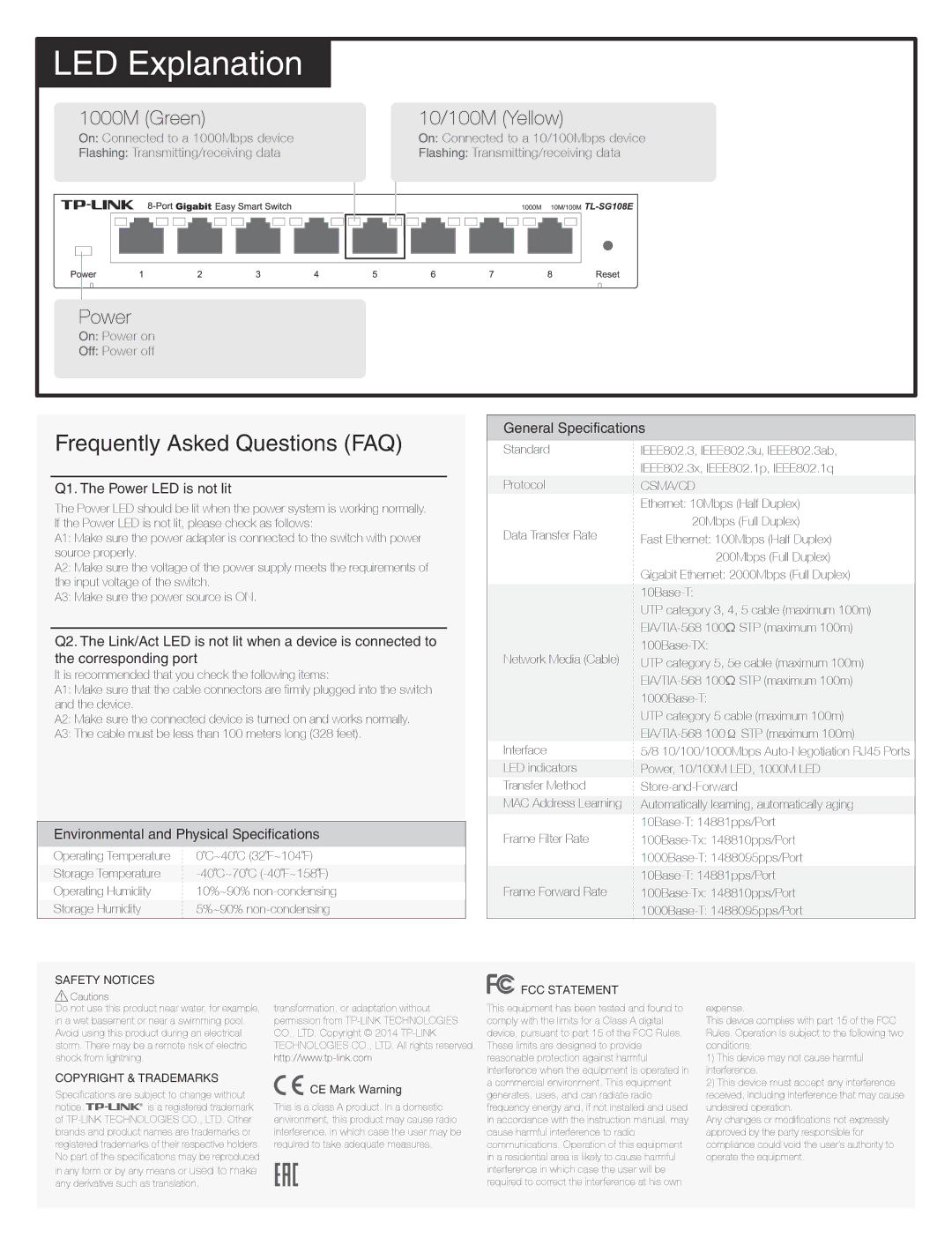 TP-Link TL-SG105E/TL-SG108E manual LED Explanation, General Specifications Q1. The Power LED is not lit 