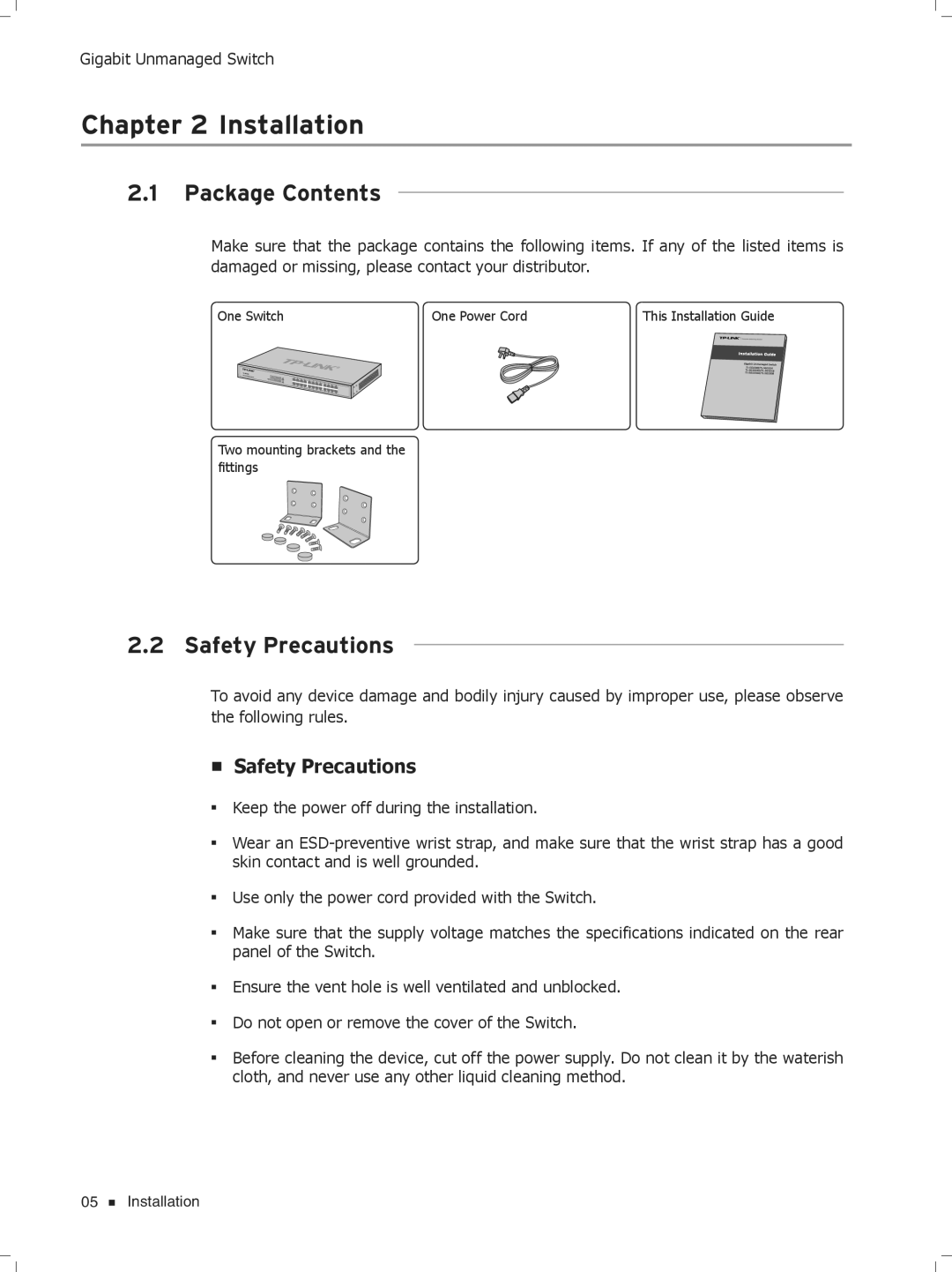 TP-Link TL-SG1016D/TL-SG1008, TL-SG1204D/TL-SG1016 manual CCCCCCCCCCInstallation, Package Contents, Safety Precautions 