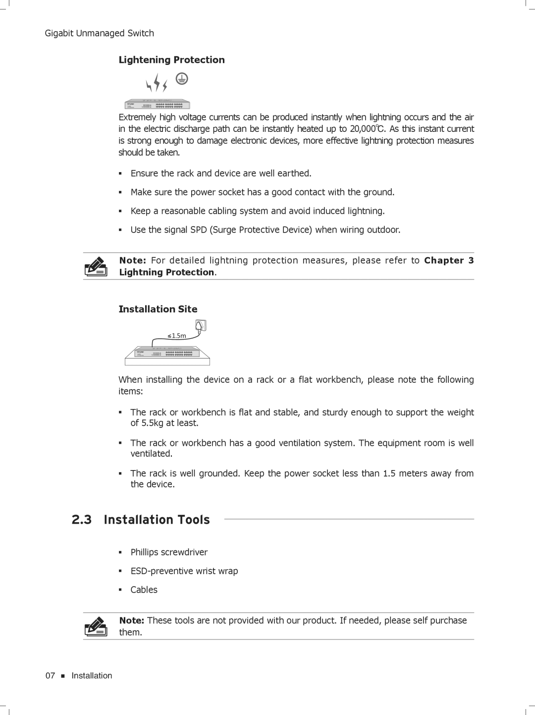 TP-Link TL-SG1204D/TL-SG1016, TL-SG1016D/TL-SG1008, TL-SG1048/TL-SG1024 manual Installation Tools, Lightening Protection 