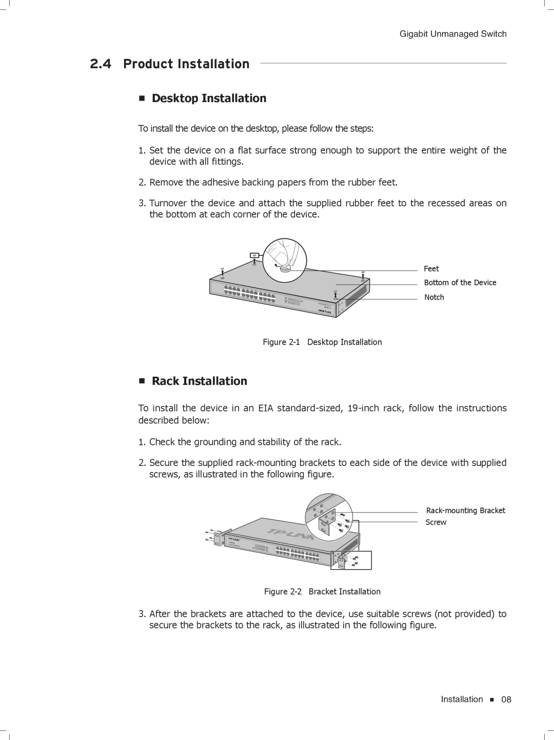 TP-Link TL-SG1016D/TL-SG1008, TL-SG1204D/TL-SG1016 manual Product Installation, Desktop Installation, Rack Installation 