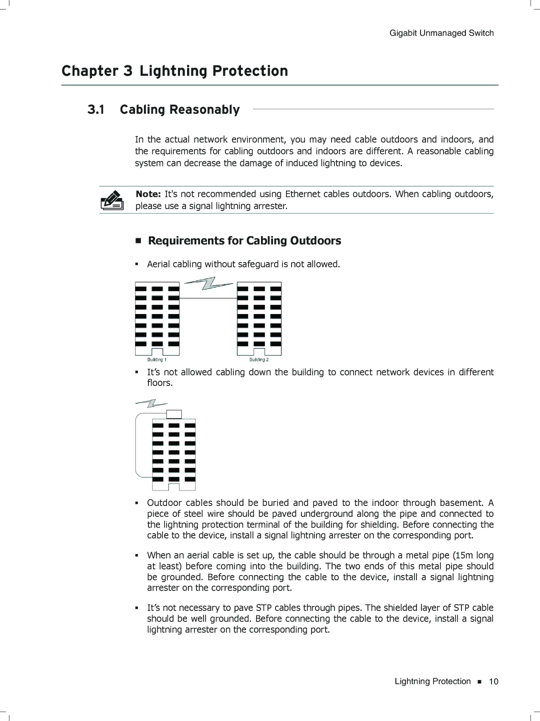 TP-Link TL-SG1204D/TL-SG1016 manual Cccccccccc Lightning Protection, Cabling Reasonably, Requirements for Cabling Outdoors 