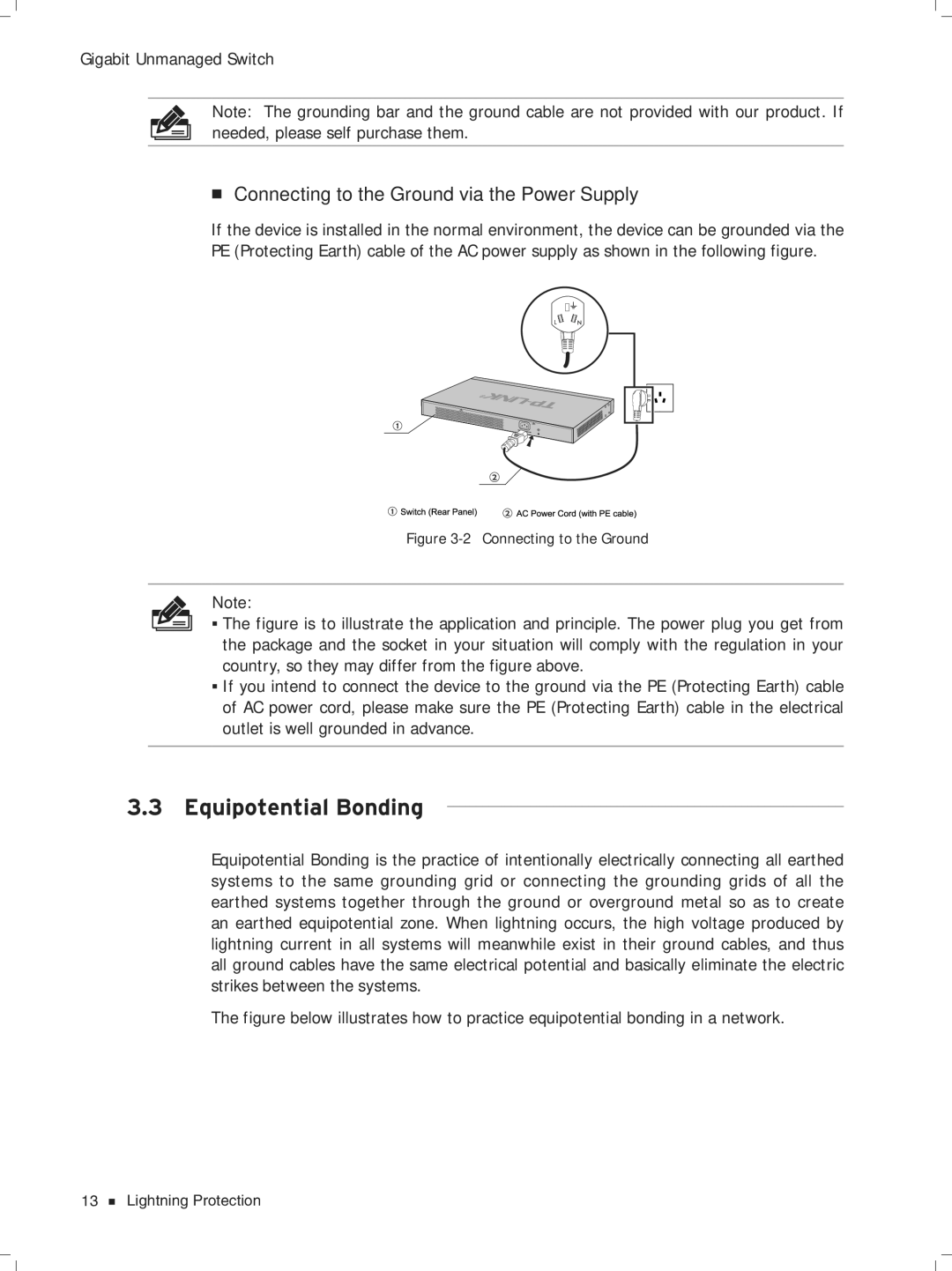 TP-Link TL-SG1204D/TL-SG1016, TL-SG1016D/TL-SG1008 Equipotential Bonding, Connecting to the Ground via the Power Supply 