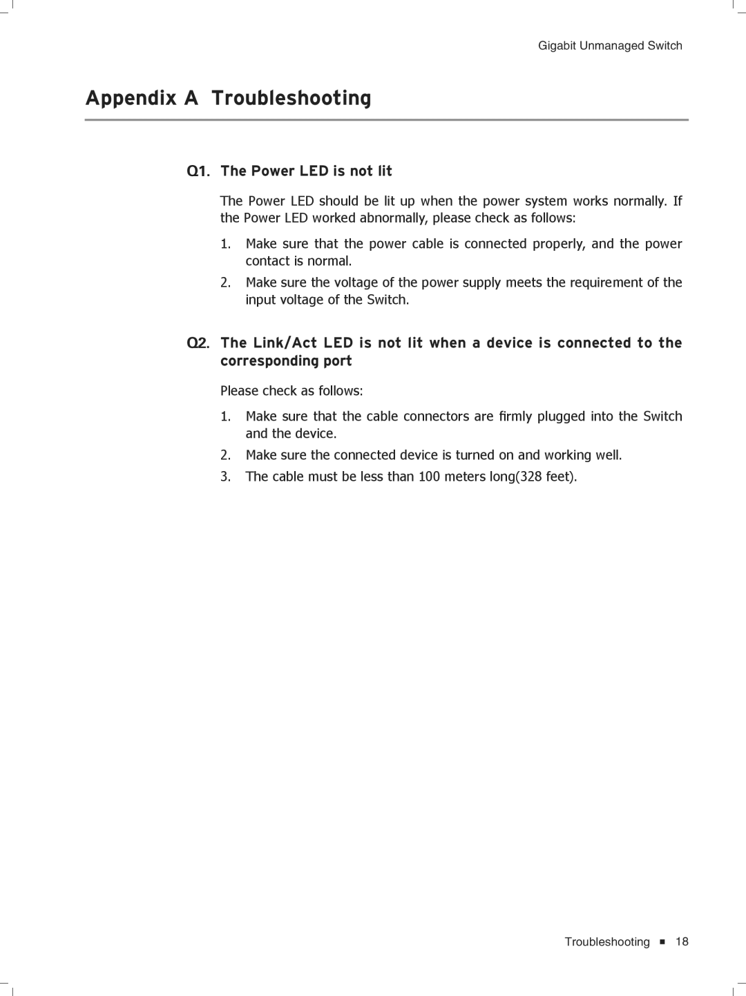 TP-Link TL-SG1048/TL-SG1024, TL-SG1204D/TL-SG1016 manual Appendix a Troubleshooting, Qqqq The Power LED is not lit 