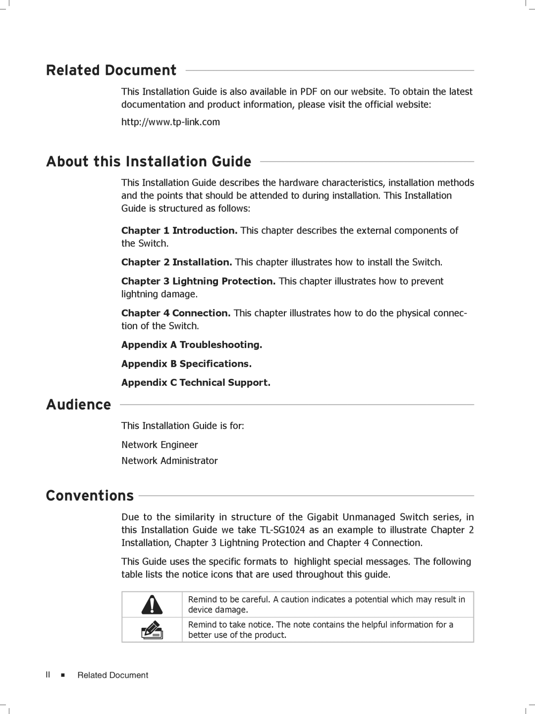 TP-Link TL-SG1016D/TL-SG1008, TL-SG1204D/TL-SG1016 Related Document About this Installation Guide, Audience, Conventions 