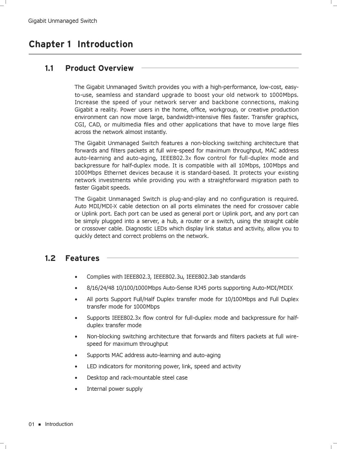 TP-Link TL-SG1204D/TL-SG1016, TL-SG1016D/TL-SG1008, TL-SG1048/TL-SG1024 Cccccccccc Introduction, Product Overview, Features 