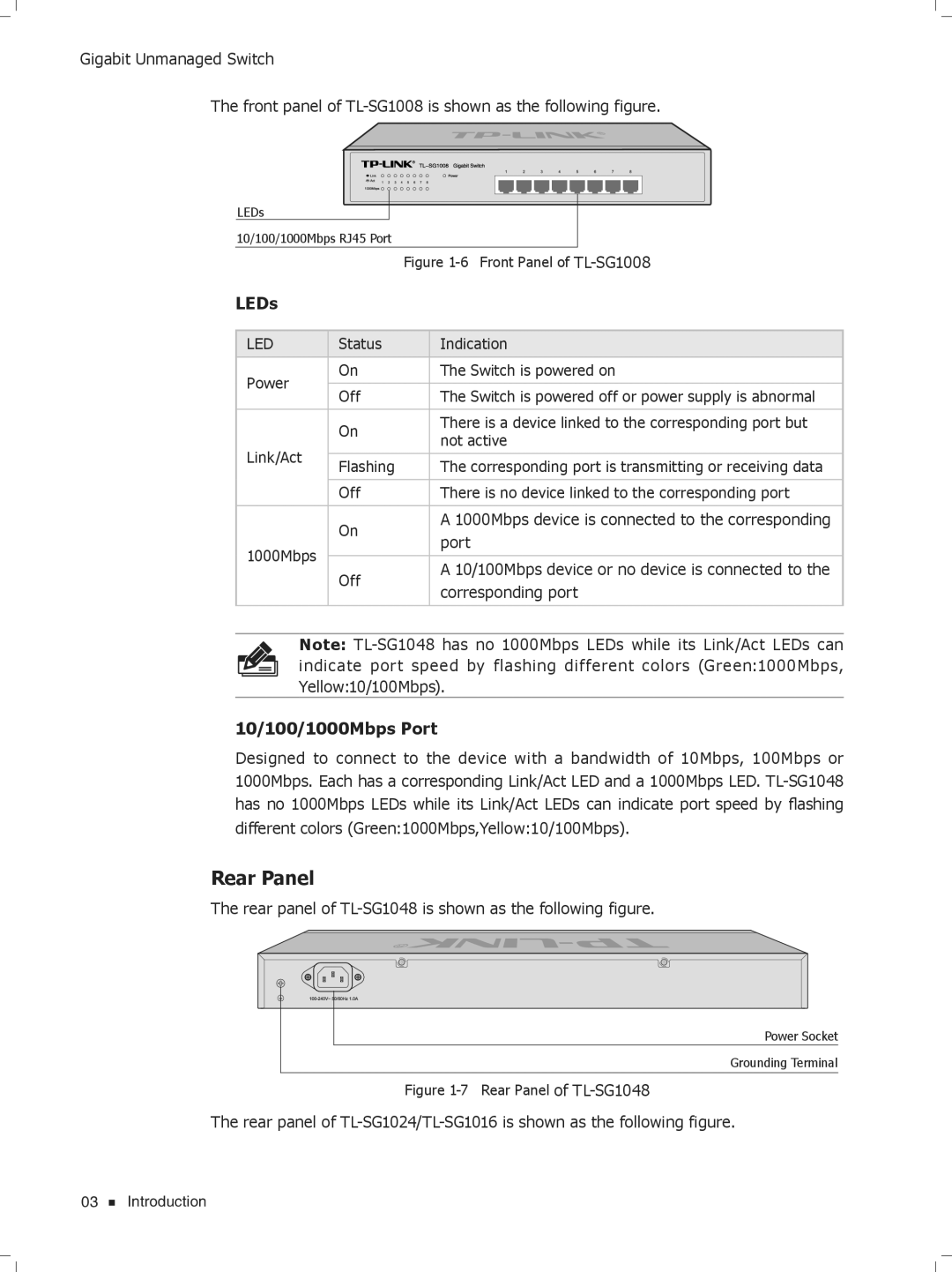 TP-Link TL-SG1048/TL-SG1024, TL-SG1204D/TL-SG1016, TL-SG1016D/TL-SG1008 manual Rear Panel, LEDs 