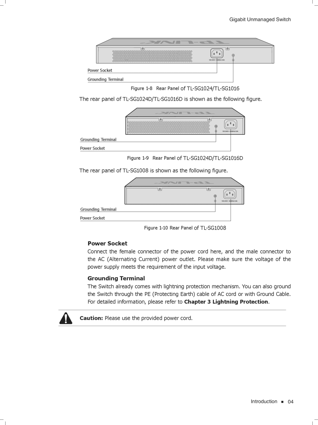 TP-Link TL-SG1204D/TL-SG1016, TL-SG1016D/TL-SG1008, TL-SG1048/TL-SG1024 manual Power Socket 