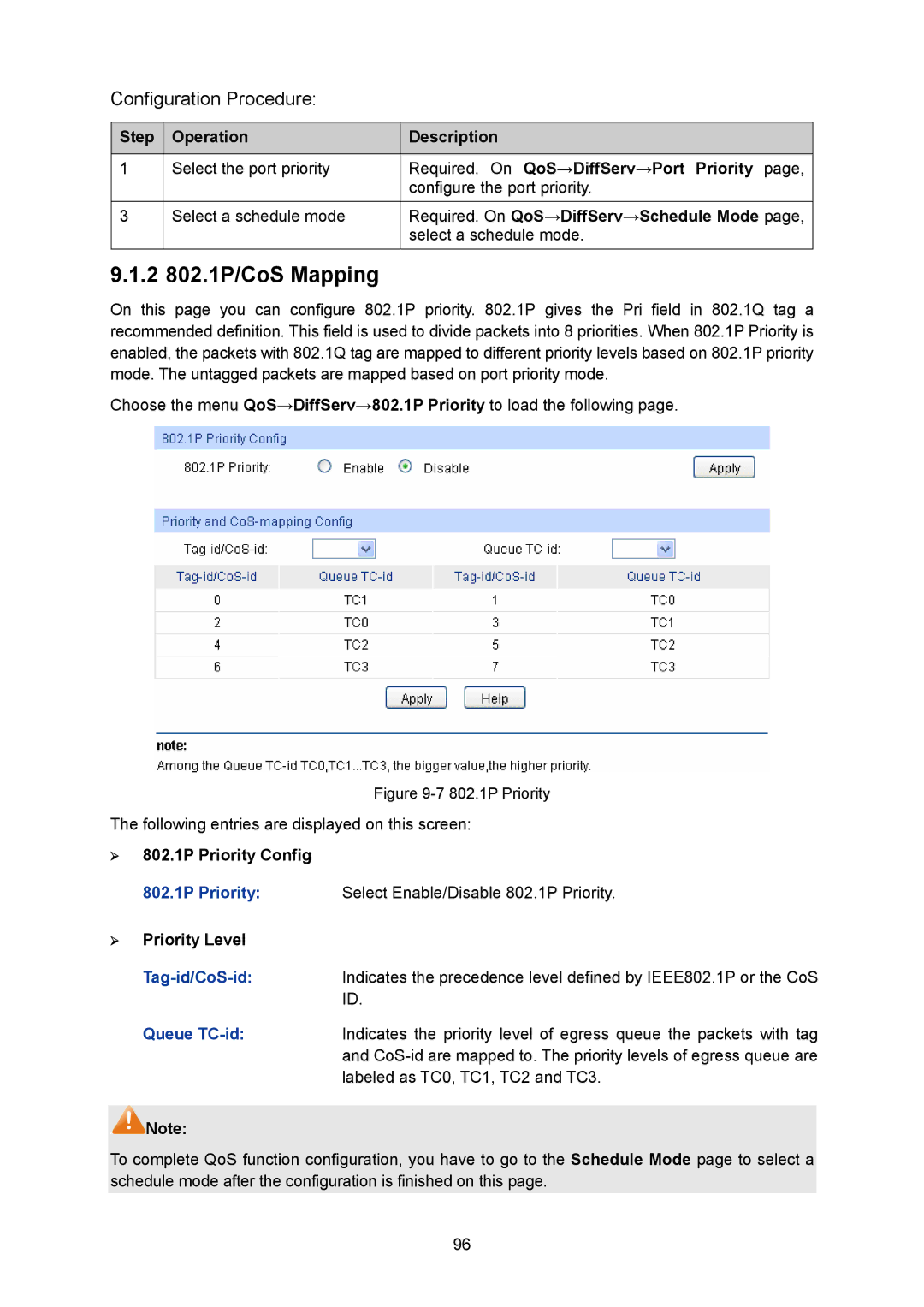 TP-Link TL-SG2008 manual 2 802.1P/CoS Mapping, Required. On QoS→DiffServ→Port Priority, ¾ 802.1P Priority Config 