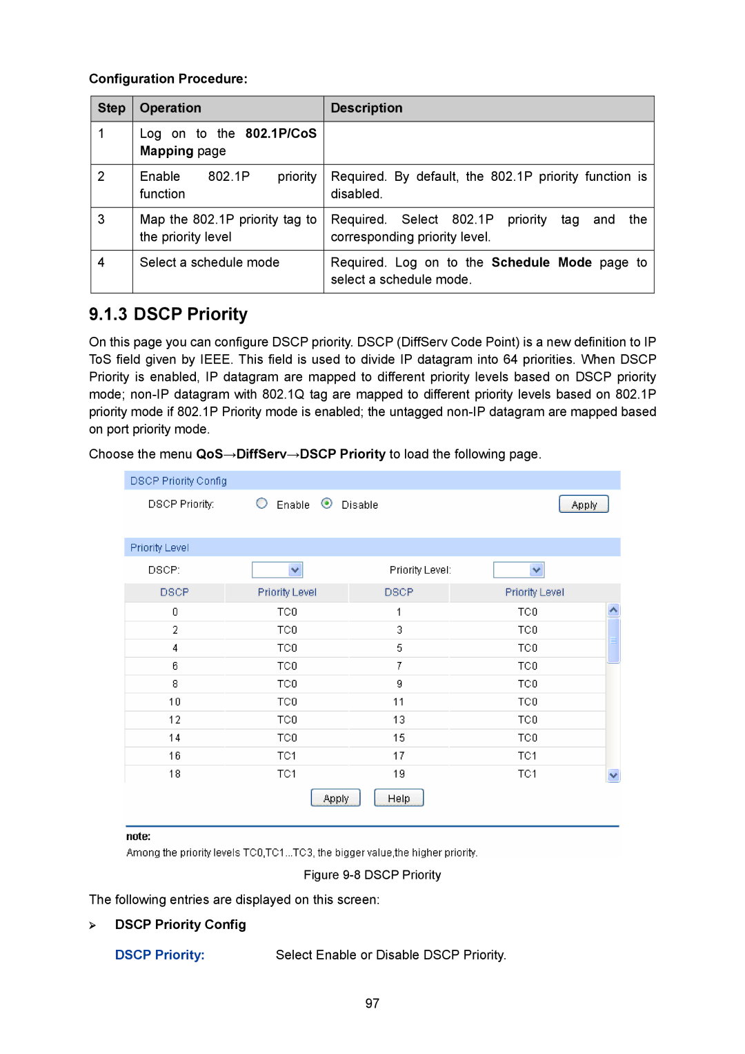 TP-Link TL-SG2008 manual Configuration Procedure Step Operation Description, Mapping, ¾ Dscp Priority Config 