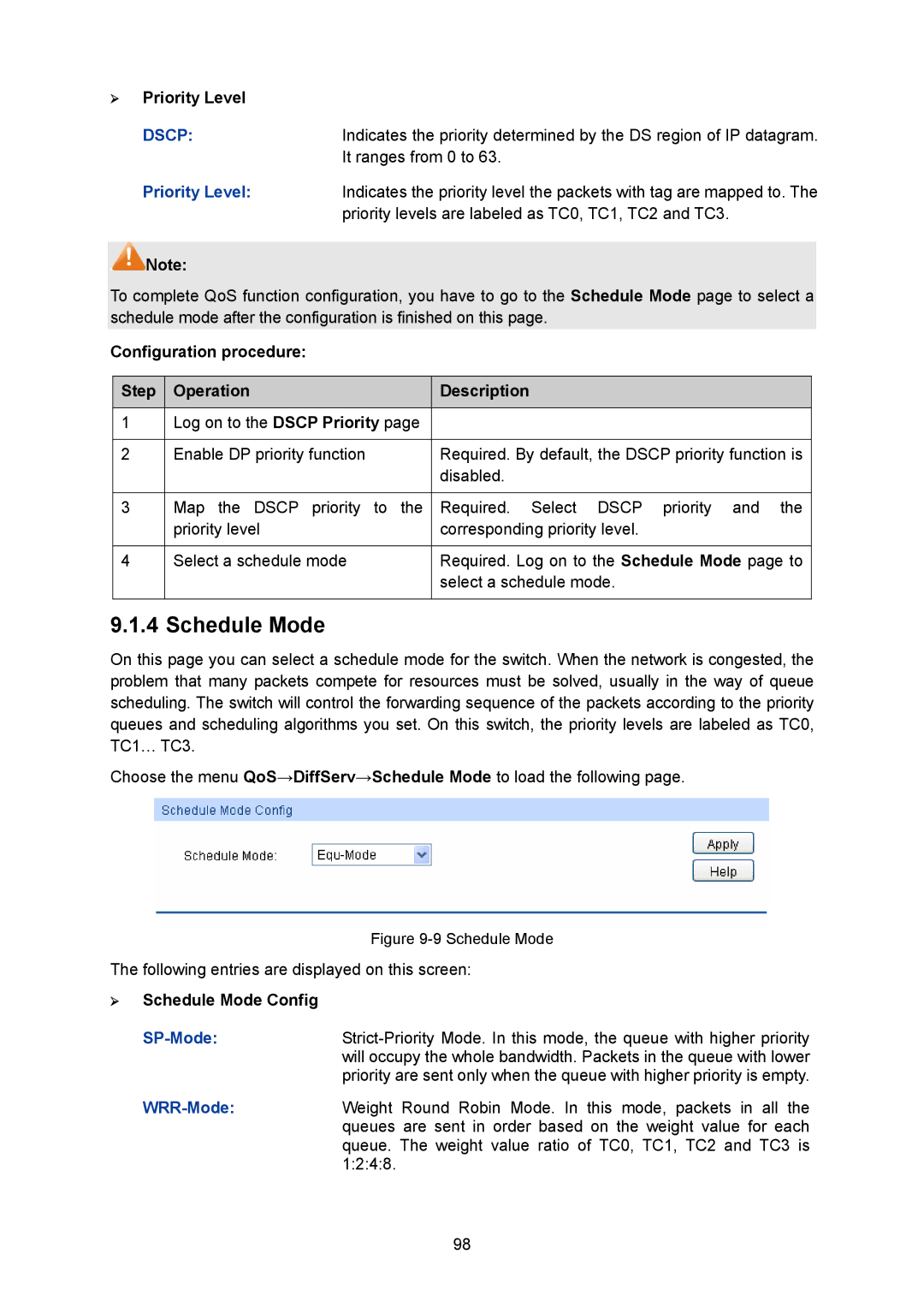 TP-Link TL-SG2008 manual Schedule Mode, ¾ Priority Level, It ranges from 0 to 