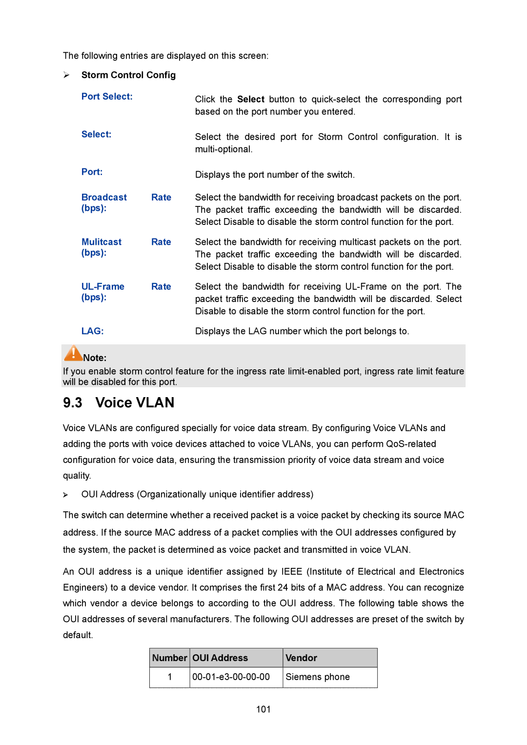 TP-Link TL-SG2008 manual Voice Vlan, Broadcast Rate, Bps, Mulitcast Rate, UL-Frame Rate 