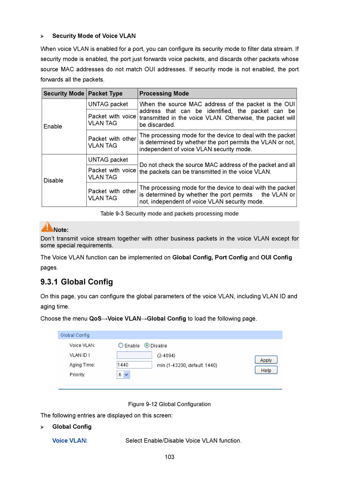 TP-Link TL-SG2008 manual Global Config, ¾ Security Mode of Voice Vlan, Packet Type Processing Mode 