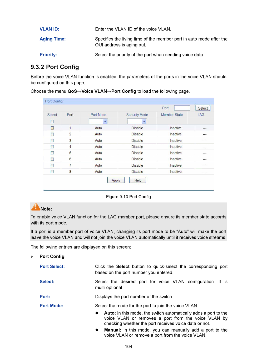 TP-Link TL-SG2008 manual Enter the Vlan ID of the voice Vlan, Aging Time, OUI address is aging out, Port Mode 