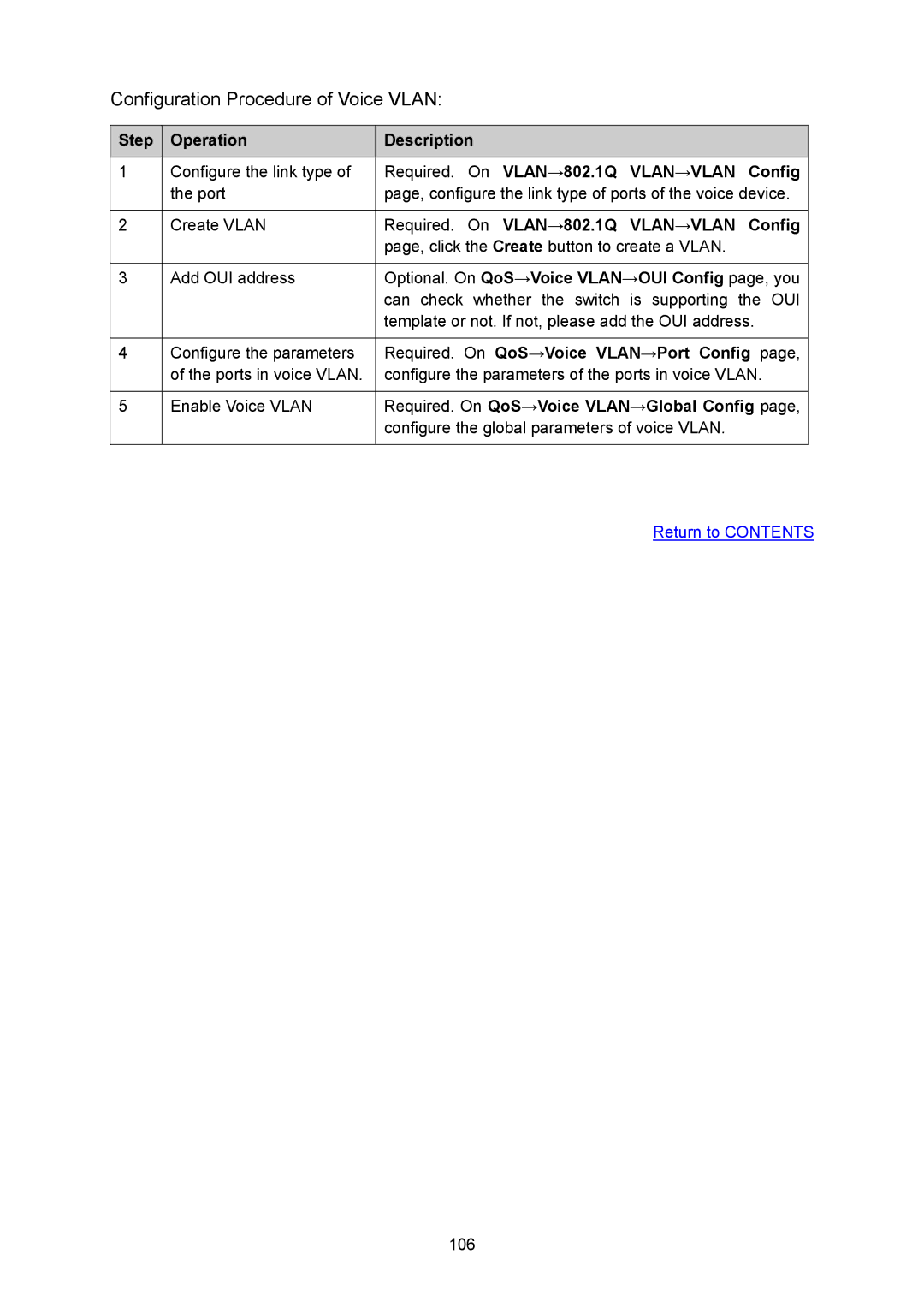 TP-Link TL-SG2008 manual Required. On VLAN→802.1Q VLAN→VLAN Config, Optional. On QoS→Voice VLAN→OUI Config page, you 