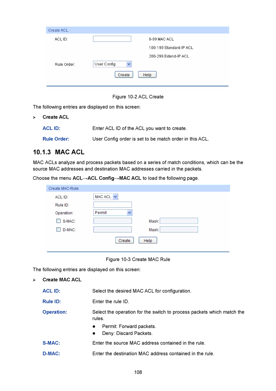 TP-Link TL-SG2008 manual Mac Acl, ¾ Create ACL, ¾ Create MAC ACL, Rule ID 