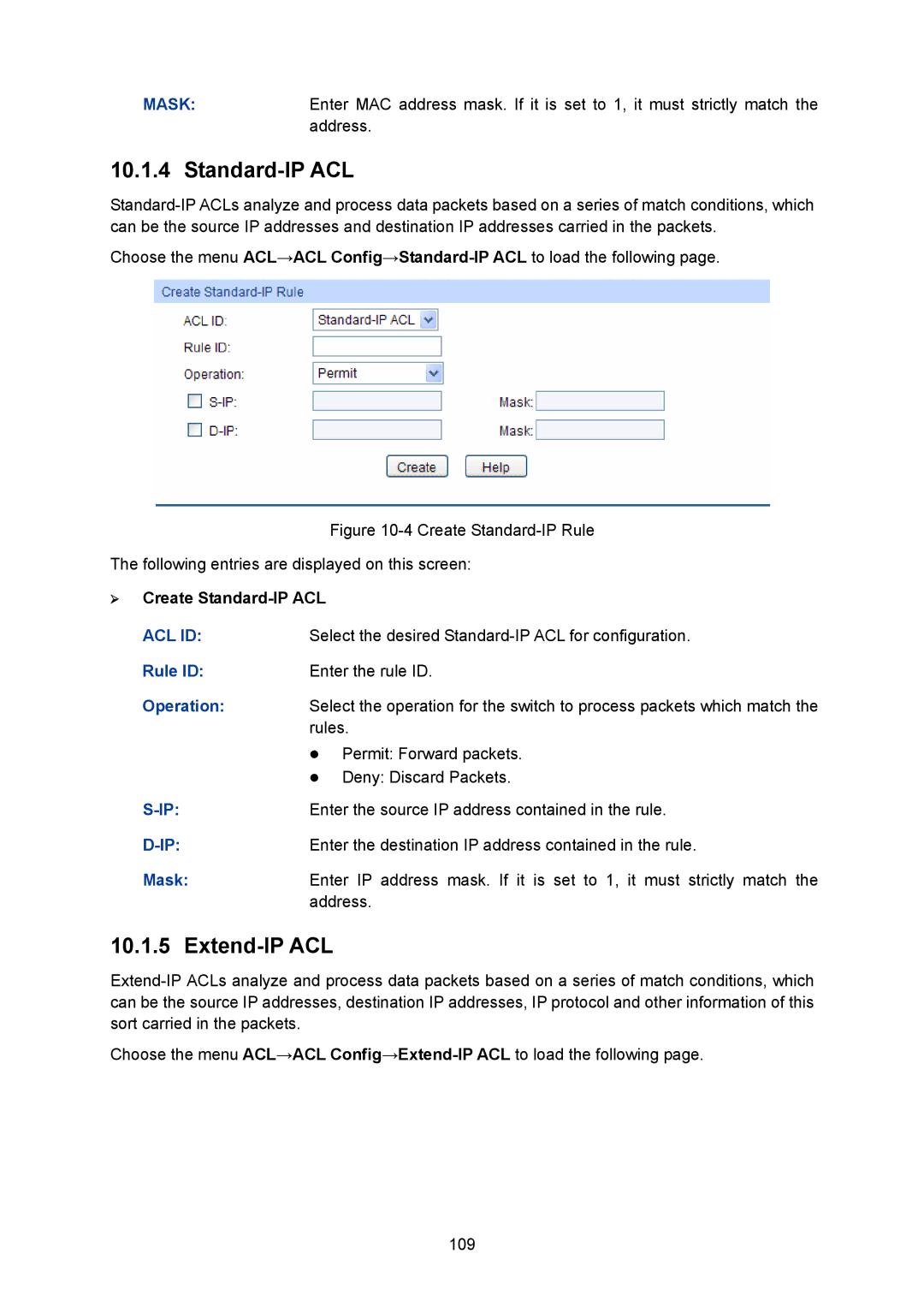 TP-Link TL-SG2008 manual Extend-IP ACL, ¾ Create Standard-IP ACL, Mask 