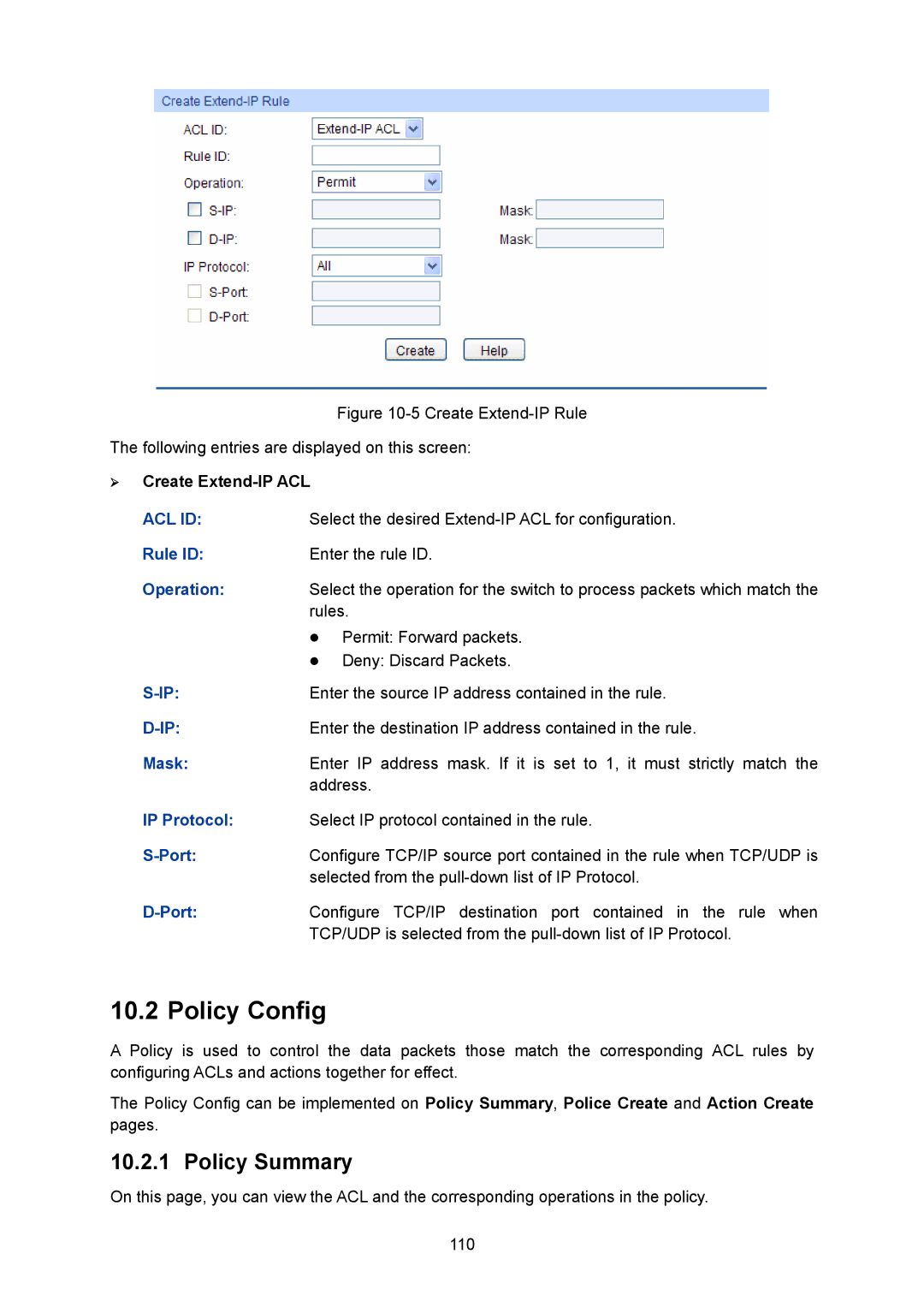 TP-Link TL-SG2008 manual Policy Config, Policy Summary, ¾ Create Extend-IP ACL, IP Protocol 