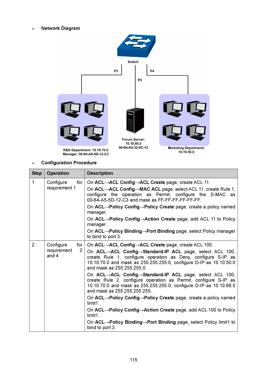 TP-Link TL-SG2008 manual On ACL→ACL Config→ACL Create page, create ACL, On ACL→ACL Config→Standard-IP ACL page, select ACL 