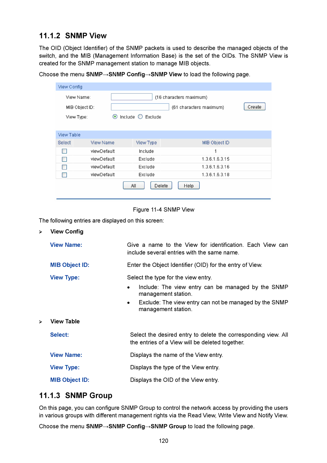 TP-Link TL-SG2008 manual Snmp View, Snmp Group, MIB Object ID, View Type, View Name 