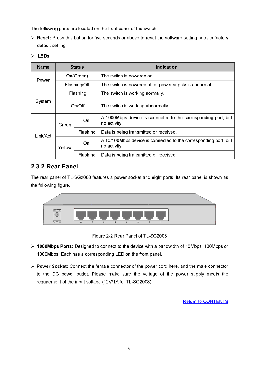 TP-Link TL-SG2008 manual Rear Panel, ¾ LEDs Name Status Indication 