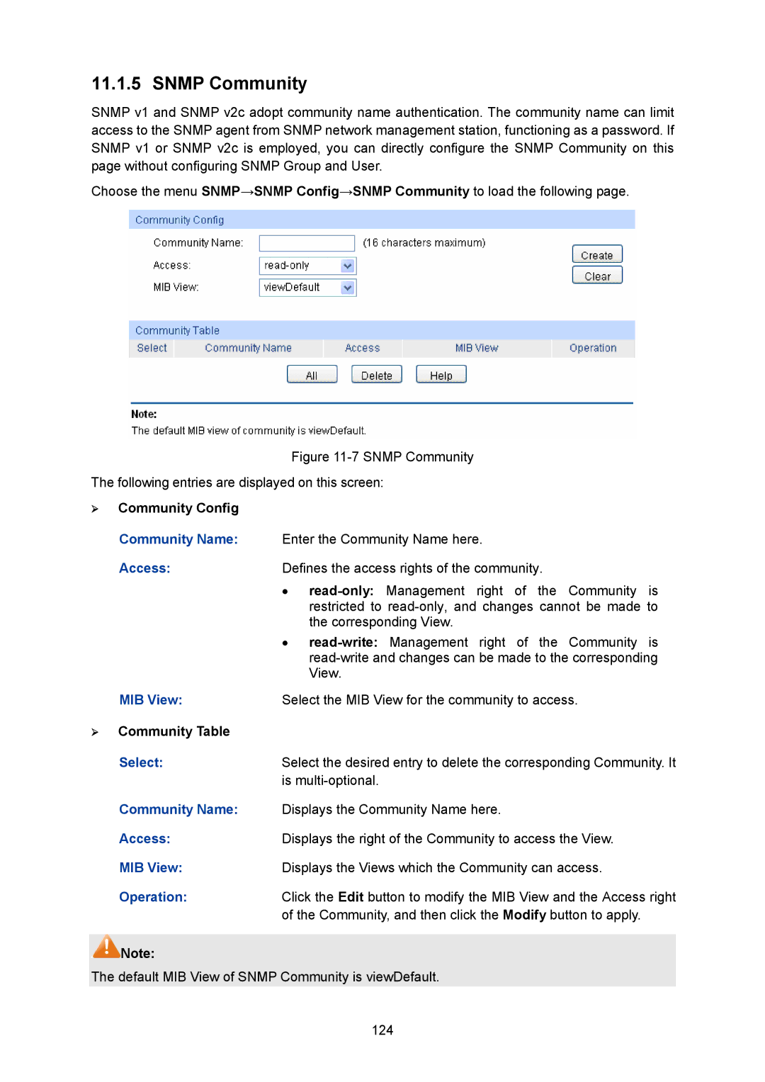 TP-Link TL-SG2008 manual Snmp Community, Community Name, Access, MIB View 