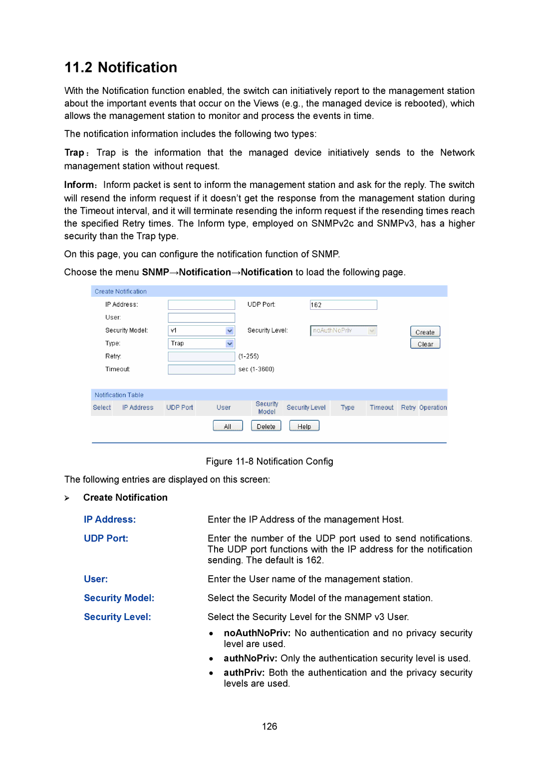 TP-Link TL-SG2008 manual ¾ Create Notification, IP Address, UDP Port, User 