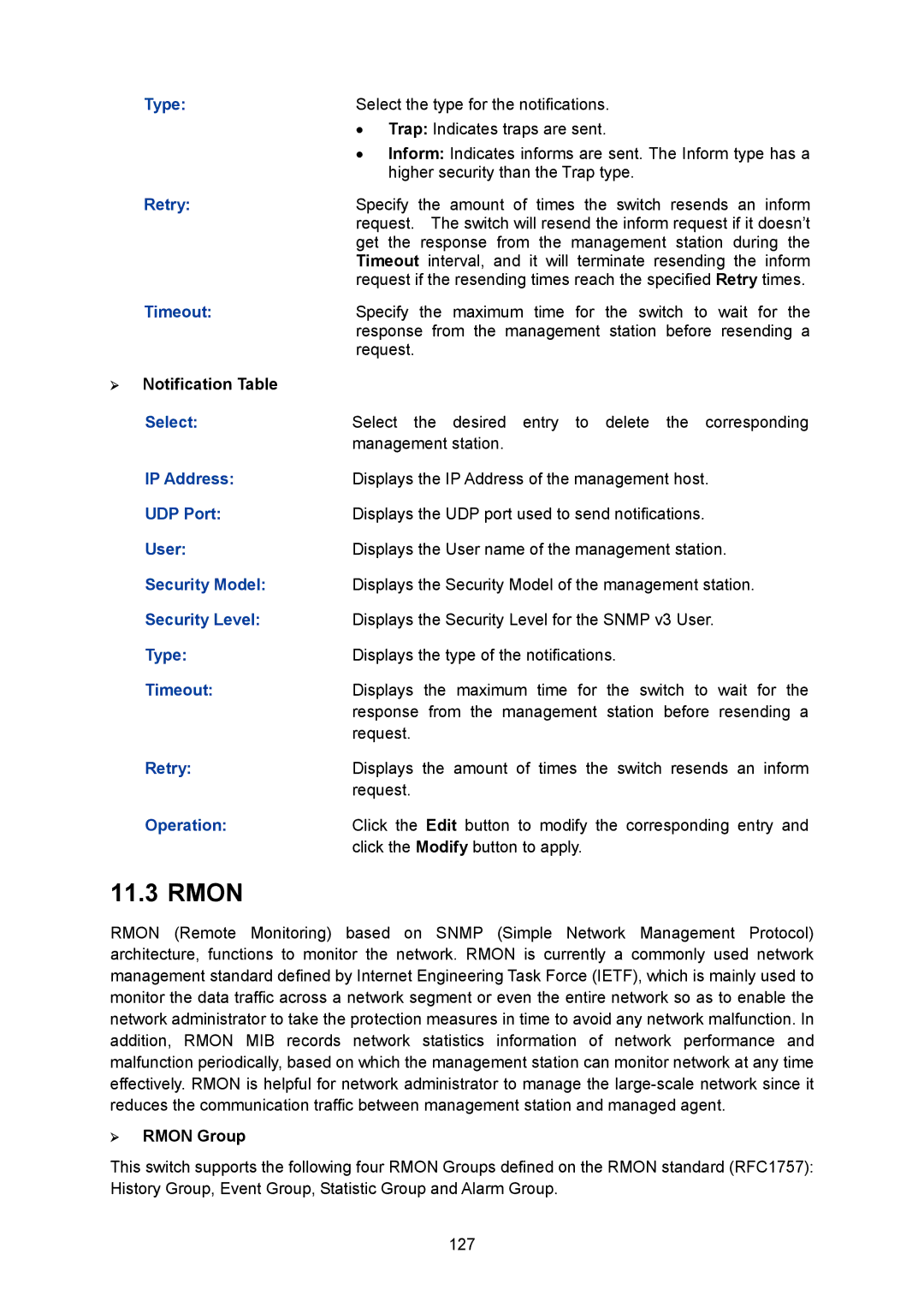 TP-Link TL-SG2008 manual Retry, Timeout, ¾ Notification Table, ¾ Rmon Group 