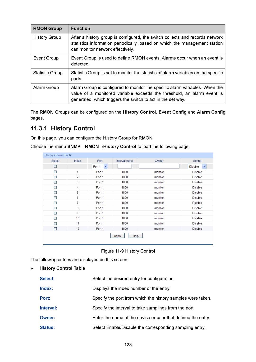 TP-Link TL-SG2008 manual Rmon Group Function, ¾ History Control Table 