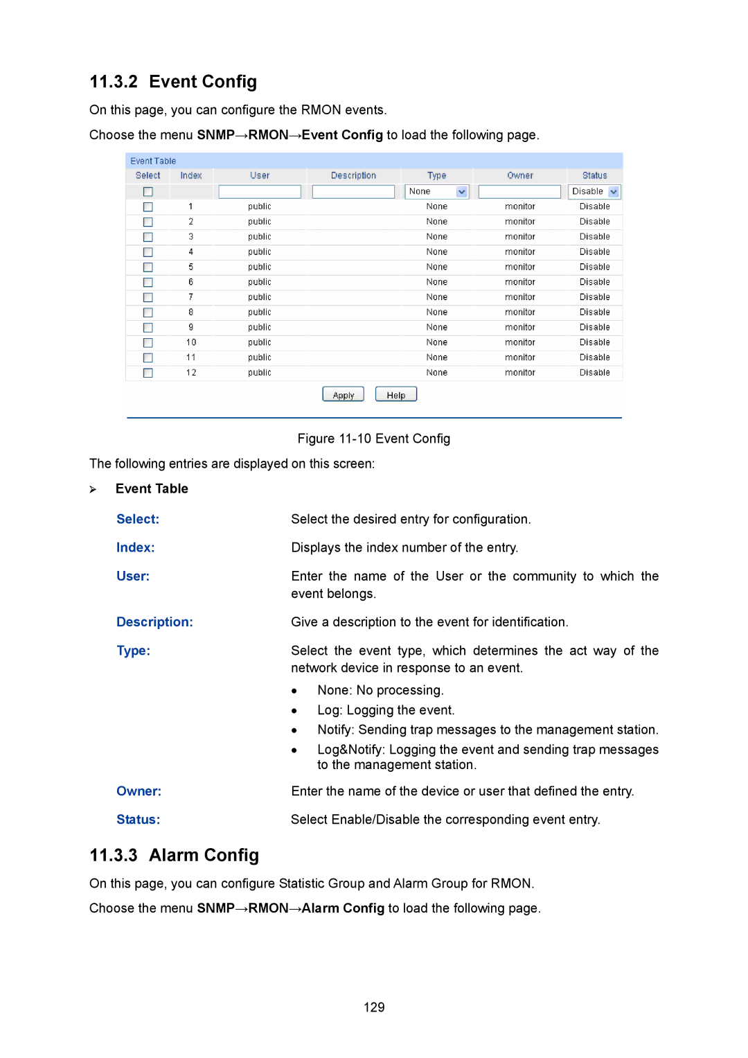 TP-Link TL-SG2008 manual Event Config, Alarm Config, ¾ Event Table 