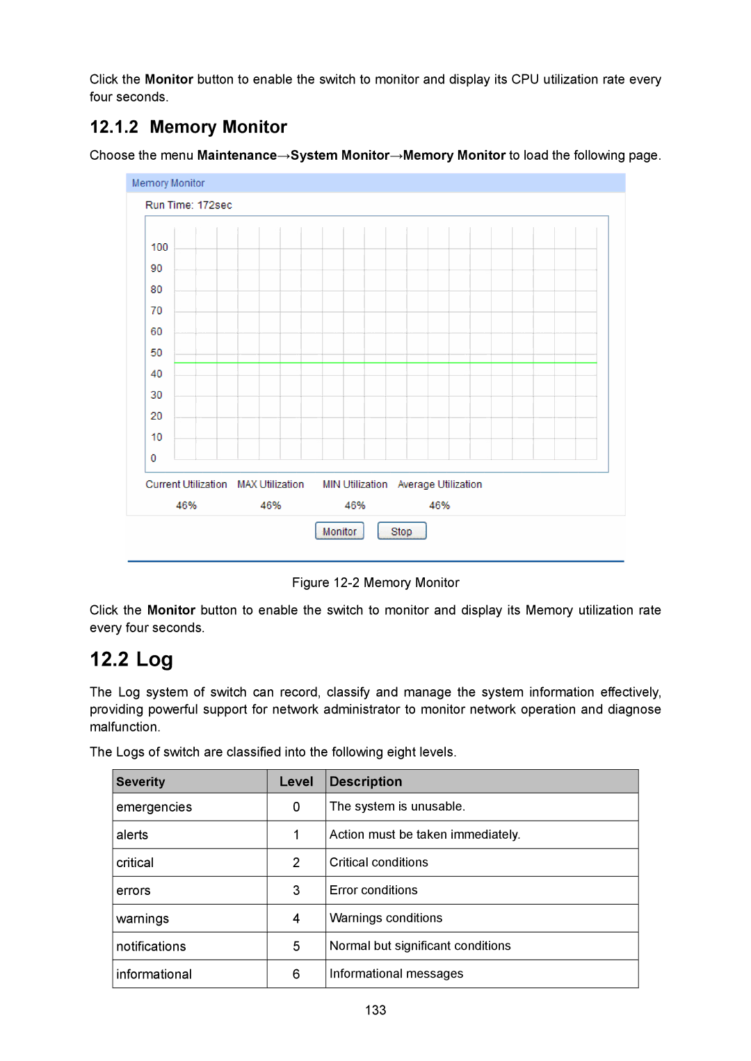 TP-Link TL-SG2008 manual 12.2 Log, Memory Monitor, Level Description 