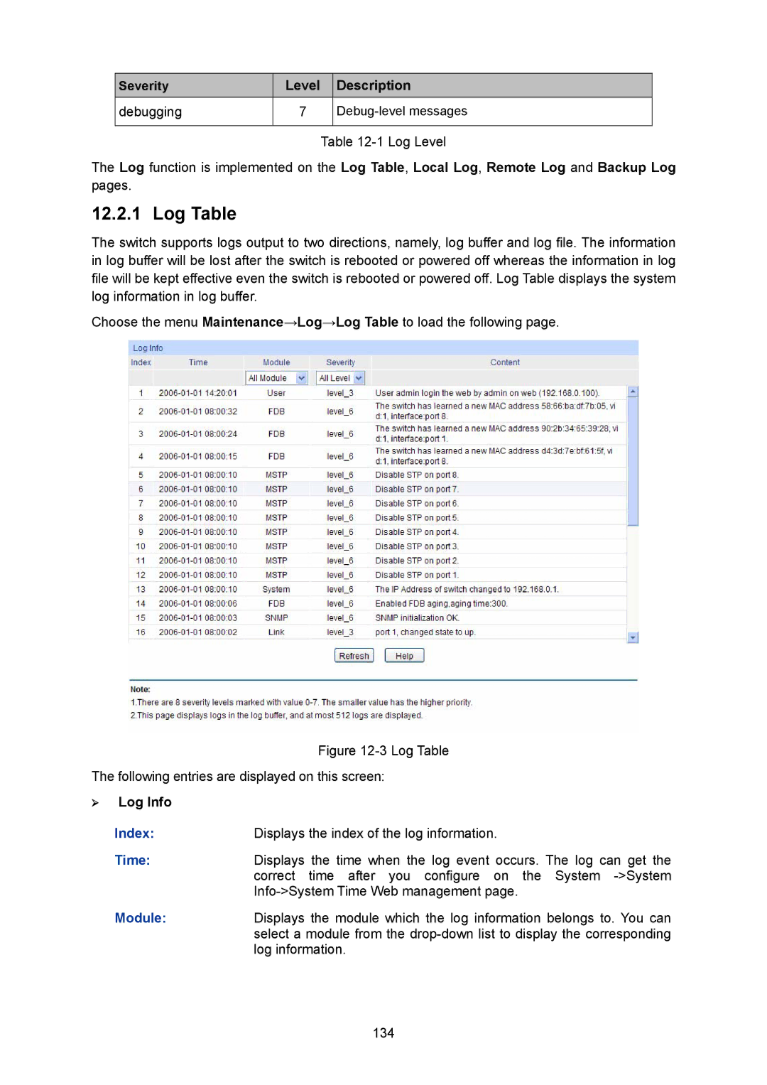 TP-Link TL-SG2008 manual Log Table, Level Description Debugging, ¾ Log Info, Time, Module 