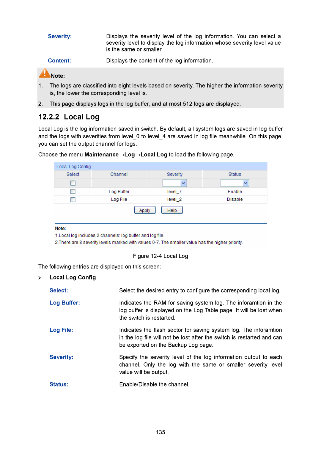 TP-Link TL-SG2008 manual ¾ Local Log Config, Log Buffer, Log File, Severity 